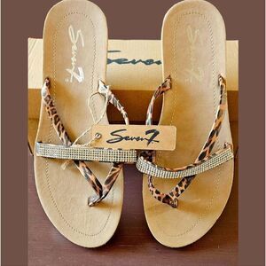 SEVEN7 Women's New In Bag Cheetah Rhinestone Faux Leather Thong/Sandal